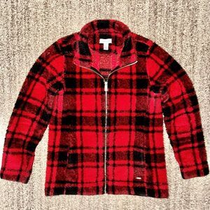 Calvin Klein Women's Red Plaid Fleece Full Zip Sherpa Jacket Size Small